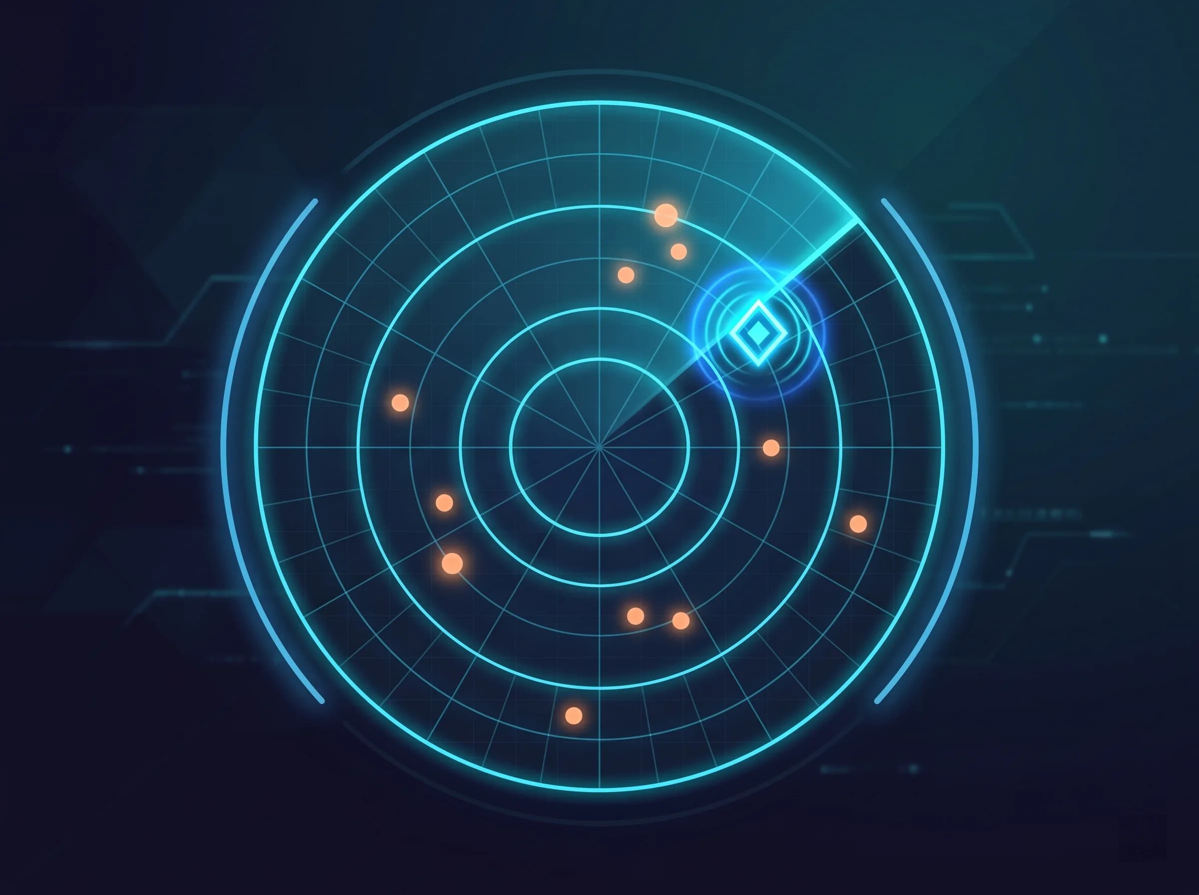 Radar-like visual suggesting continuous tracking of evolving AI development tools.